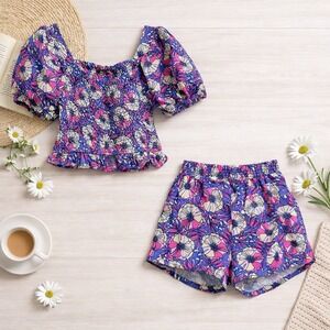 Vince Camuto Size 24M Girls Purple Floral Smocked Top Shorts 2 Pc Set Tropical
